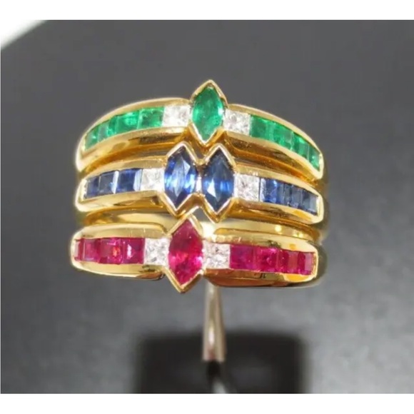 18K GOLD DIAMOND CLUSTER RING EMERALDS, BLUE SAPPHIRES RUBIES MULTI-GEMSTONE - Picture 10 of 10